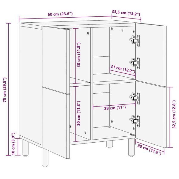 vidaXL Μπουφές 60x33,5x75 εκ. από Μασίφ Ακατέργαστο Ξύλο Μάνγκο