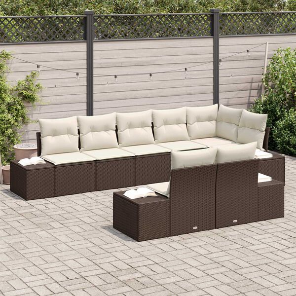 vidaXL Σετ Καναπέ Κήπου με μαξιλάρι 8 pcs Καφέ και κρεμ Πολυ ράταν