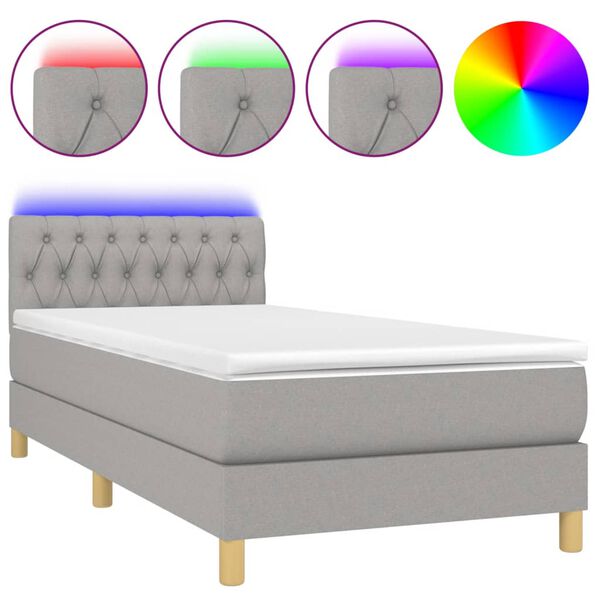 vidaXL Κρεβάτι Boxspring με Στρώμα & LED Αν.Γκρι 90x200 εκ. Υφασμάτινο