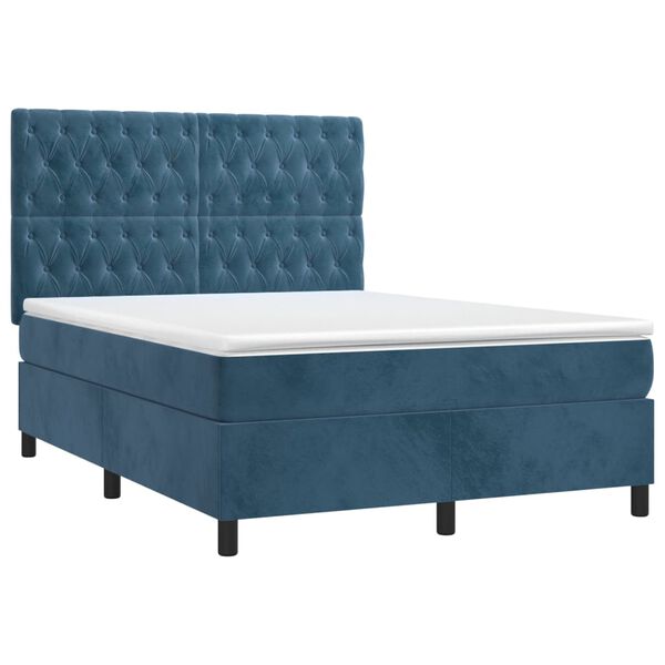vidaXL Κρεβάτι Boxspring με Στρώμα & LED Σκ. Μπλε 140x190εκ. Βελούδινο