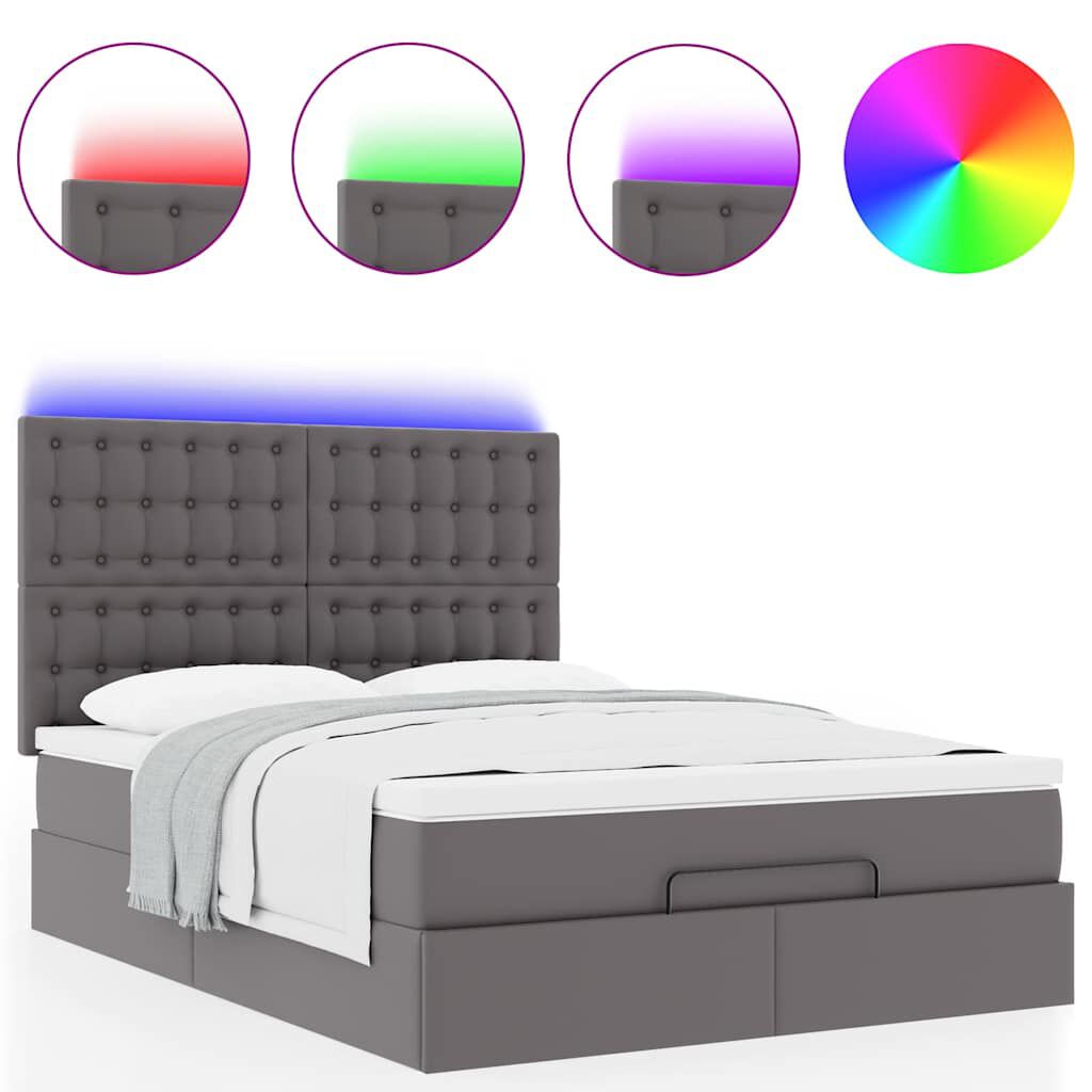 vidaXL Οθωμανικό κρεβάτι με στρώμα & LEDs Γκρί Συνθετικό δέρμα