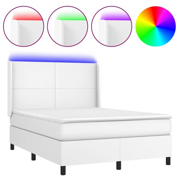 vidaXL Κρεβάτι Boxspring με Στρώμα & LED Λευκό 140x200 εκ. Συνθ. Δέρμα
