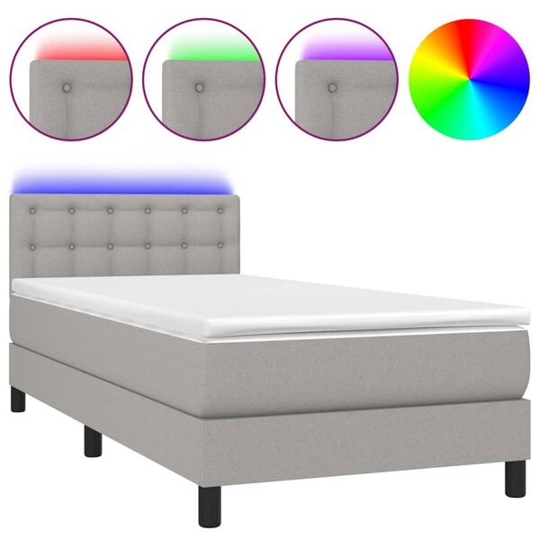 vidaXL Κρεβάτι Boxspring με Στρώμα & LED Αν.Γκρι 90x200 εκ. Υφασμάτινο