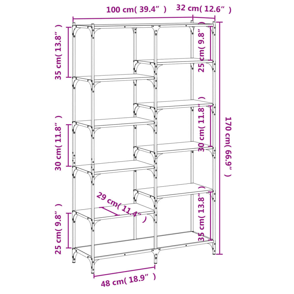 vidaXL Βιβλιοθήκη Γκρι Sonoma 100x32x170 εκ. Επεξεργ. Ξύλο / Σίδηρος