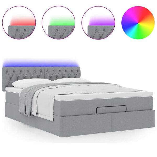 vidaXL Οθωμανικό κρεβάτι με στρώμα&LEDs Ανοιχτό γκρι 140x190cm Ύφασμα