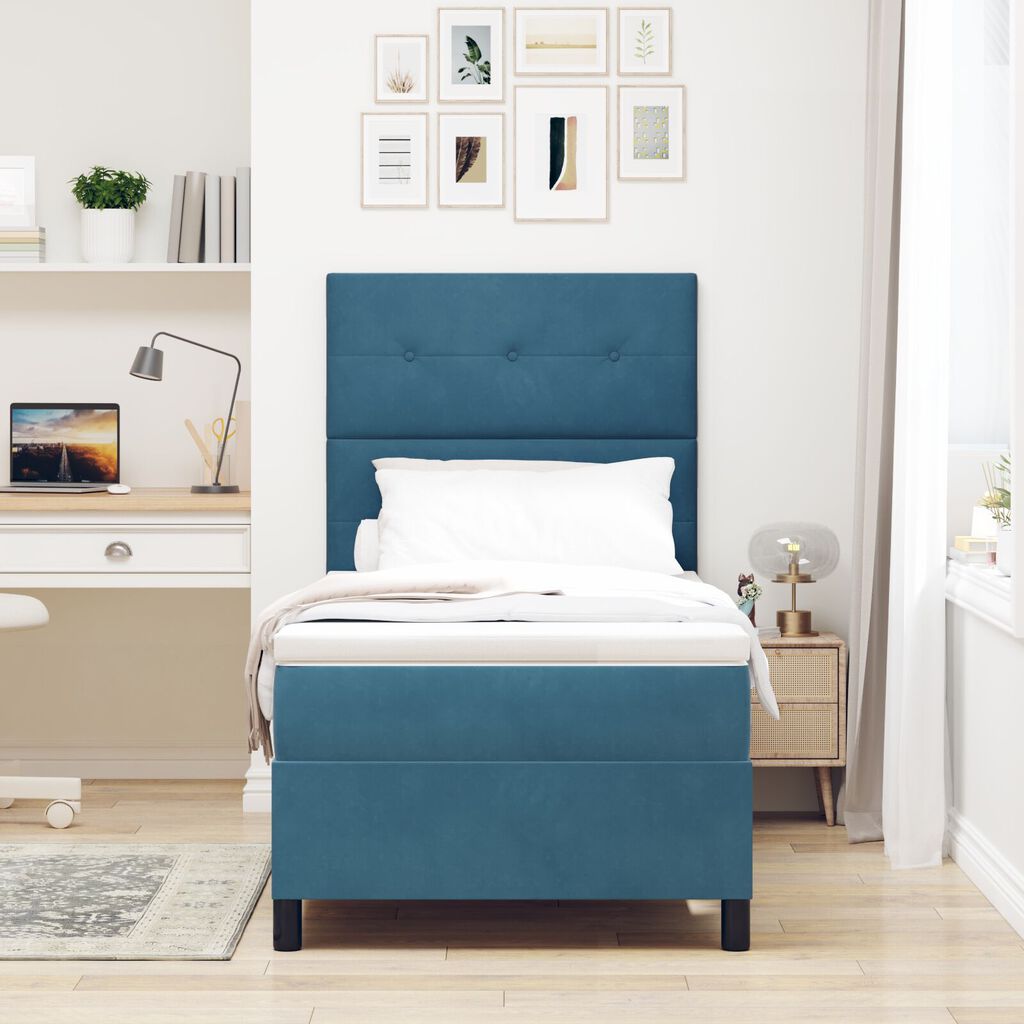 vidaXL Κρεβάτι Box Spring με Στρώμα Σκούρο Μπλε 90x200 εκ. Βελούδο
