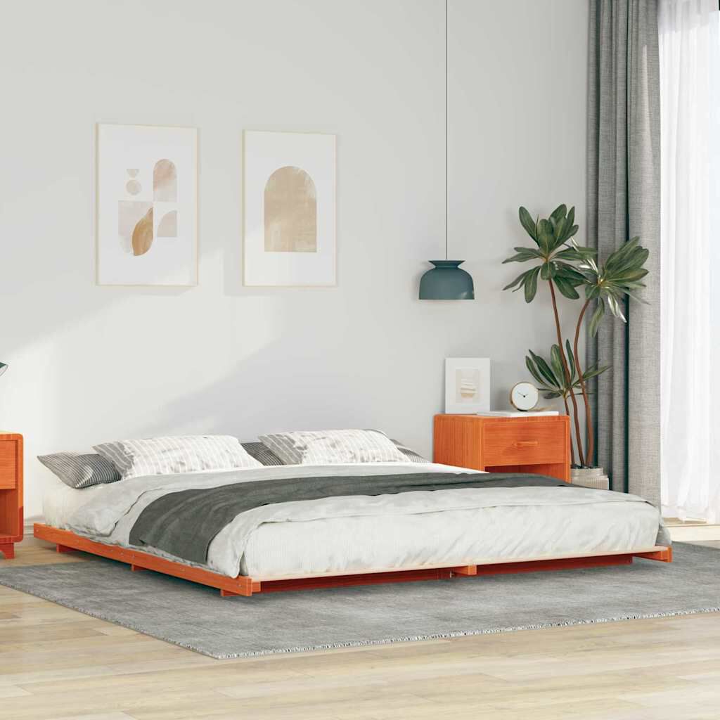 vidaXL Κρεβάτι δαπέδου Καφέ κεριού 200 x 220 cm Μασίφ ξύλο πεύκου