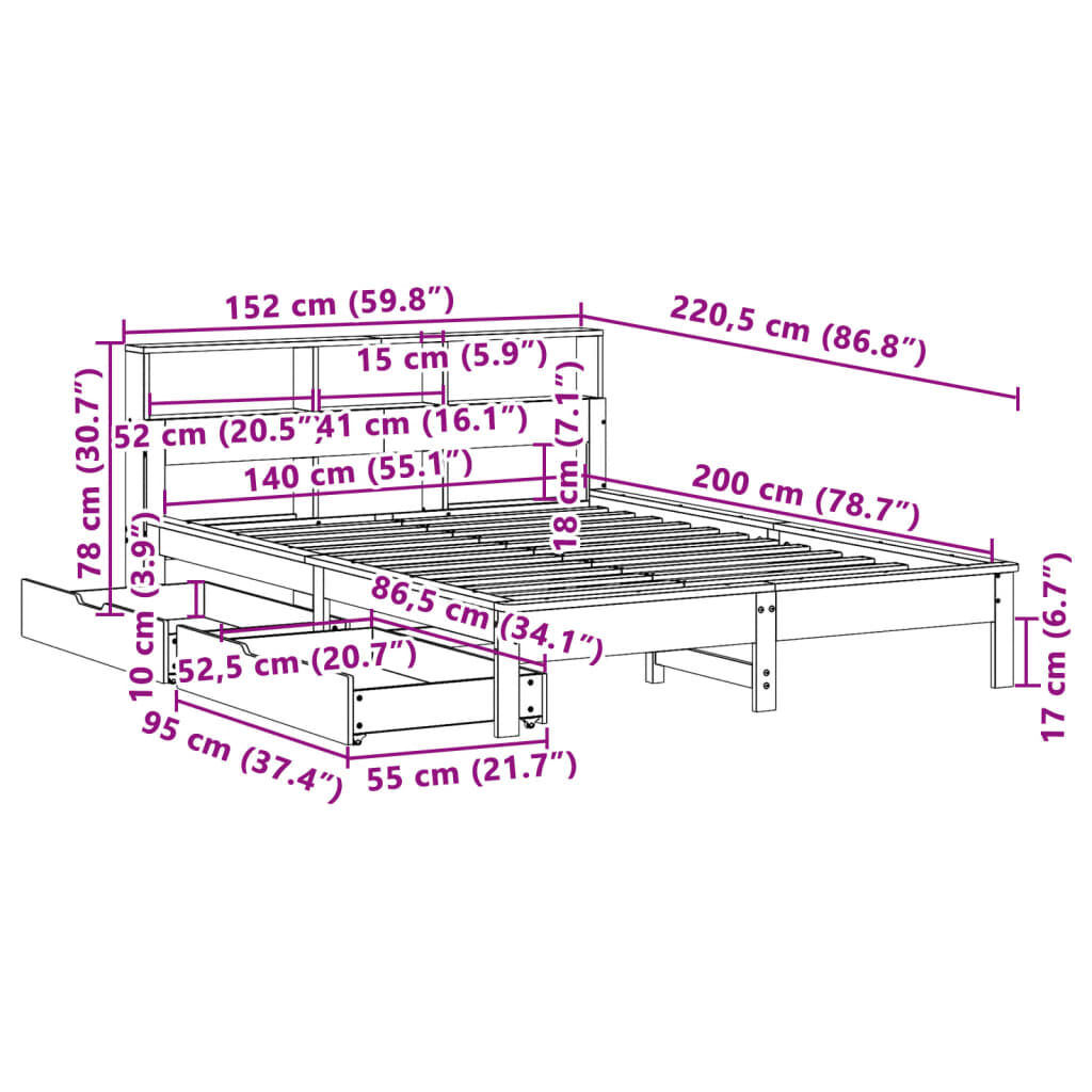 vidaXL Κρεβάτι Βιβλιοθήκη Χωρίς Στρώμα 140x200 εκ Μασίφ Ξύλο Πεύκο