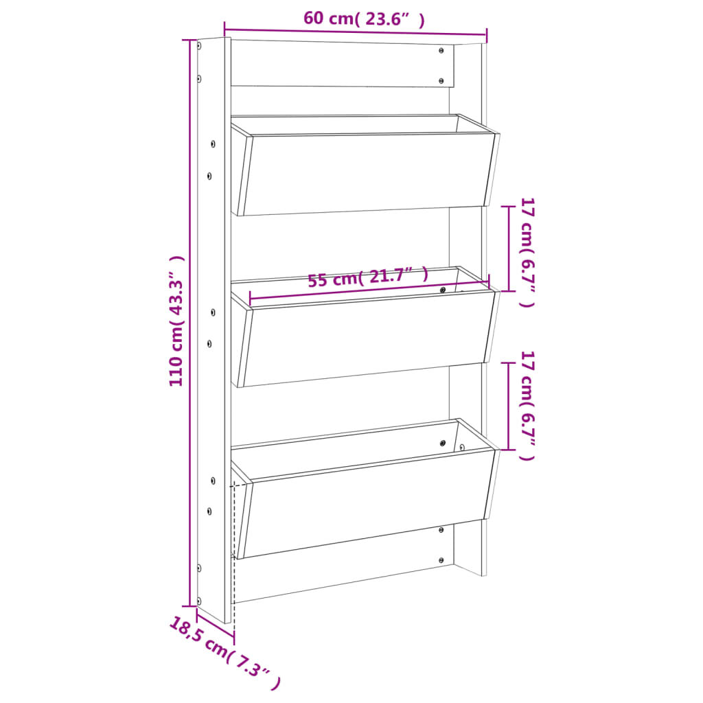 vidaXL Ζαρντινιέρα Τοίχου 3 Επιπέδων Γκρι 60x18,5x110 εκ. Μασίφ Πεύκο