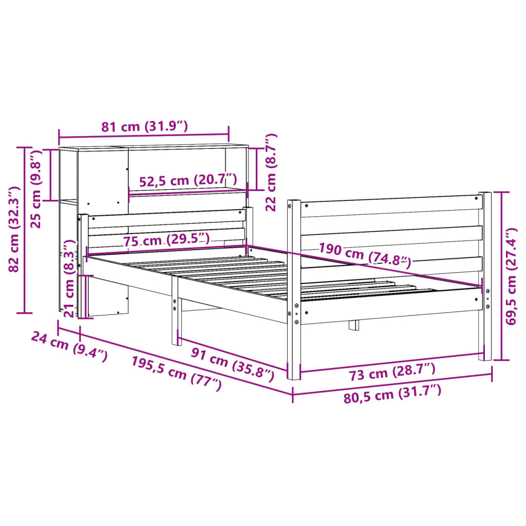 vidaXL Κρεβάτι Βιβλιοθήκη Χωρίς Στρώμα 75x190 εκ Μασίφ Ξύλο Πεύκο
