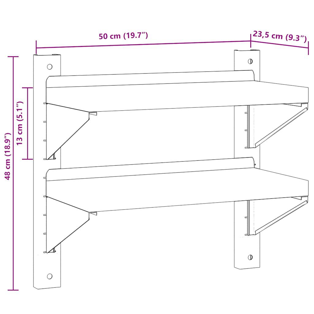 vidaXL Ράφι Τοίχου 2 Επιπ. Ασημί 50x23,5x48 εκ. Ανοξείδωτο Ατσάλι