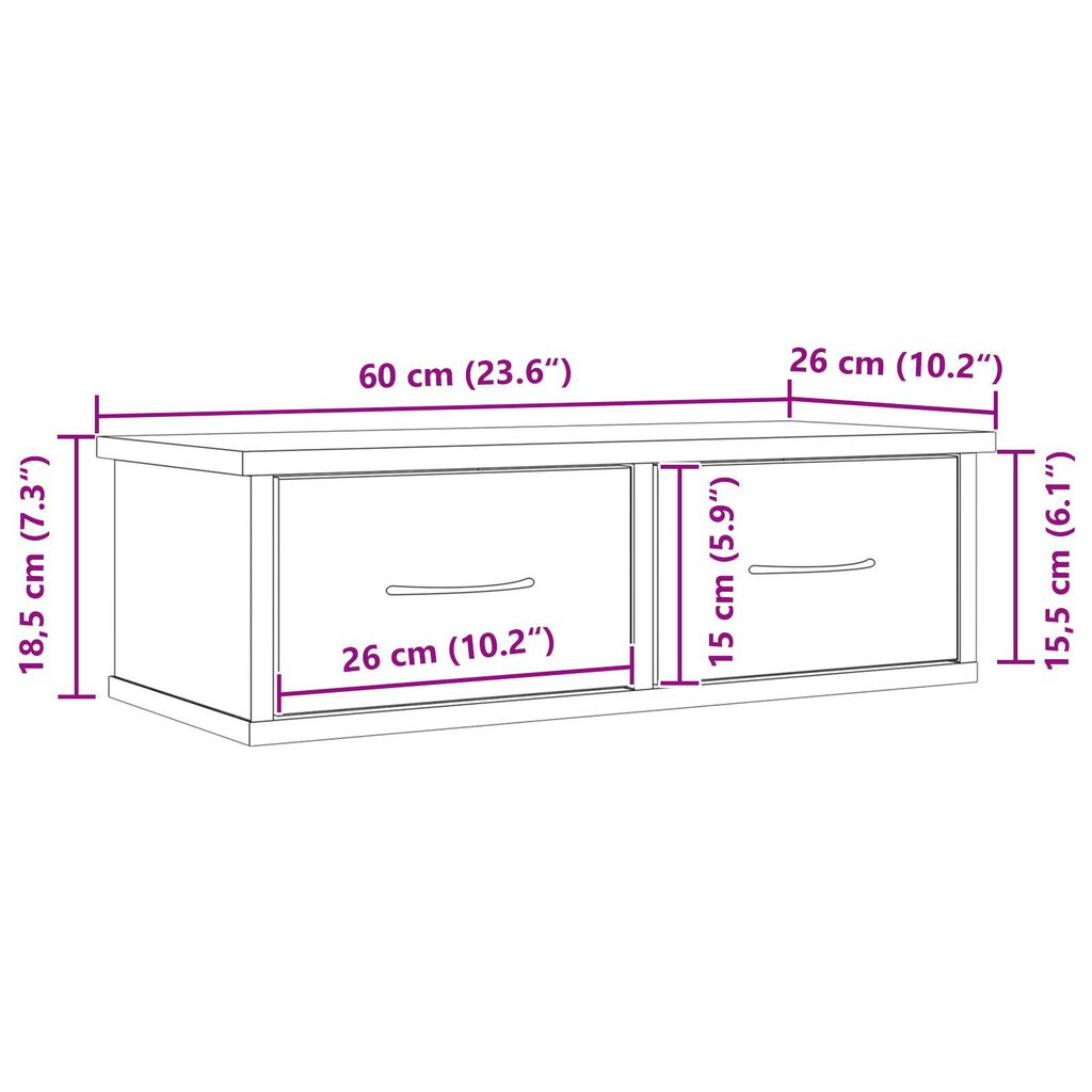 VidaXL Επιτοίχιο Ράφι Συρταριού Μαύρη Δρυς 60x26x18,5εκ Επεξεργασμένο Ξύλο