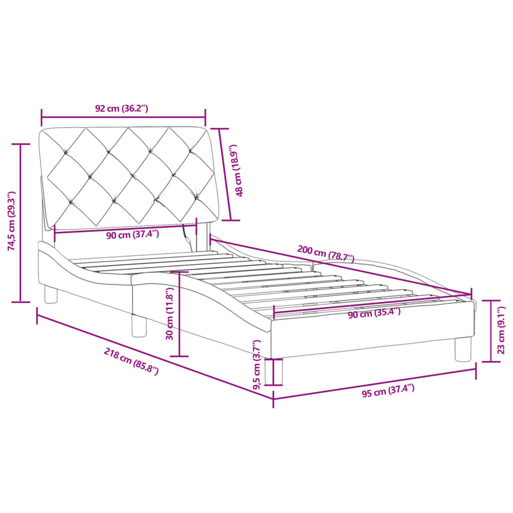 vidaXL Πλαίσιο Κρεβατιού με LED Μαύρο 90x200 εκ. Βελούδινο