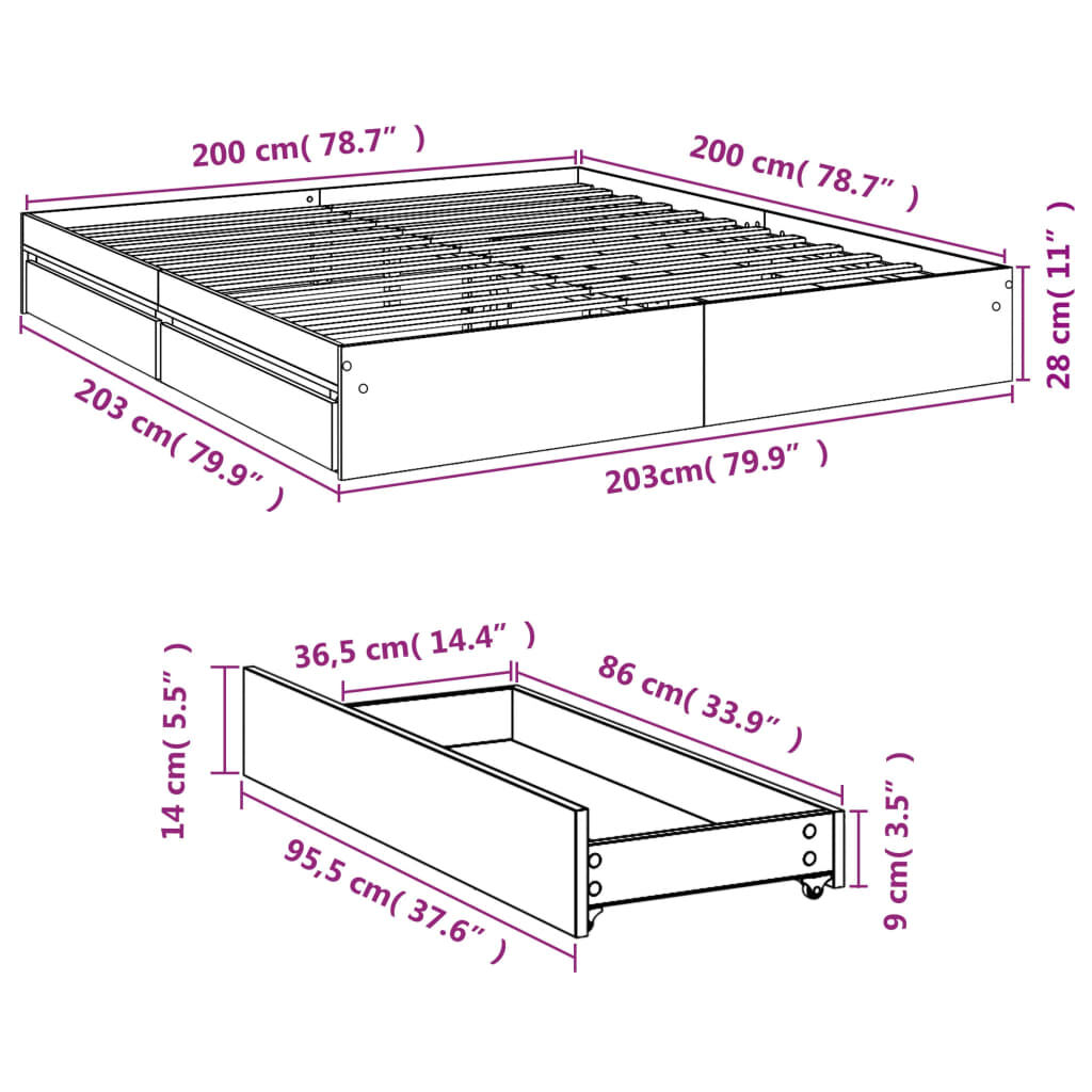 vidaXL Πλαίσιο Κρεβατιού με Συρτάρια Μαύρο 200x200 εκ Επεξεργ. Ξύλο