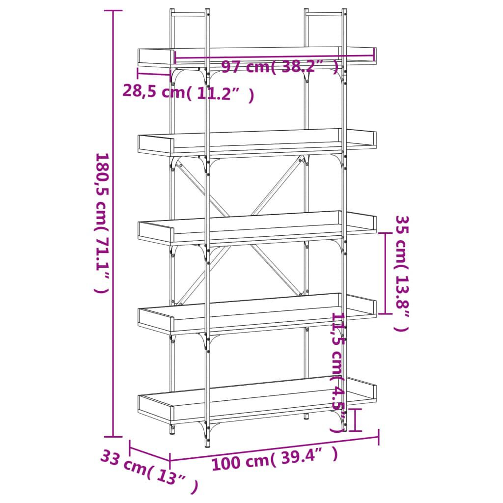 vidaXL Βιβλιοθήκη 5 Επιπέδων Μαύρη 100 x 33 x 180,5 εκ. Επεξεργ. Ξύλο