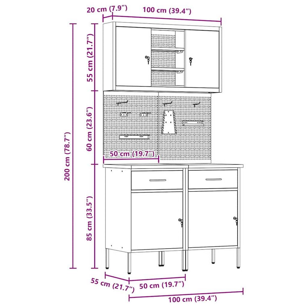 vidaXL Πάγκος εργασίας με συρτάρι 8 pcs Γκρι 100 x 55 x 200 εκ Ατσάλι