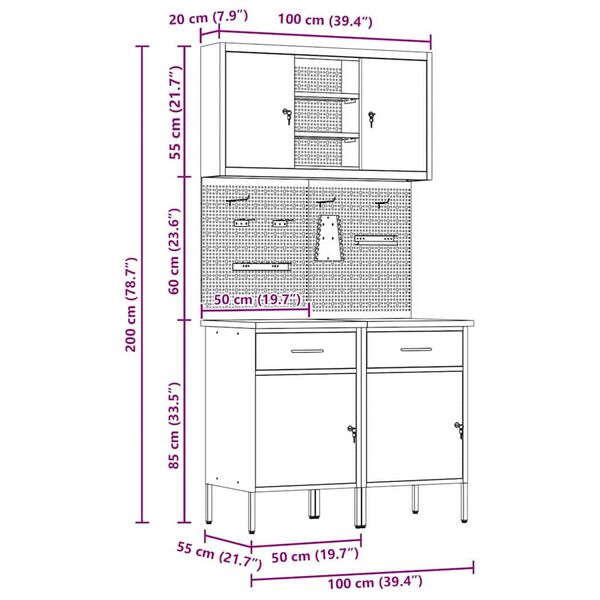 vidaXL Πάγκος εργασίας με συρτάρι 8 pcs Γκρι 100 x 55 x 200 εκ Ατσάλι