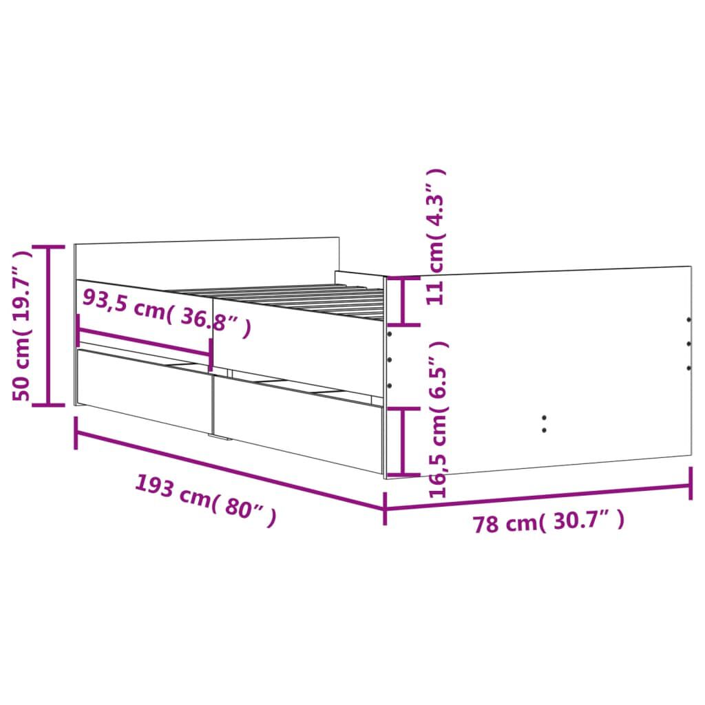 vidaXL Πλαίσιο Κρεβατιού Με Συρτάρια Γκρι Sonoma 75x190εκ Small Single