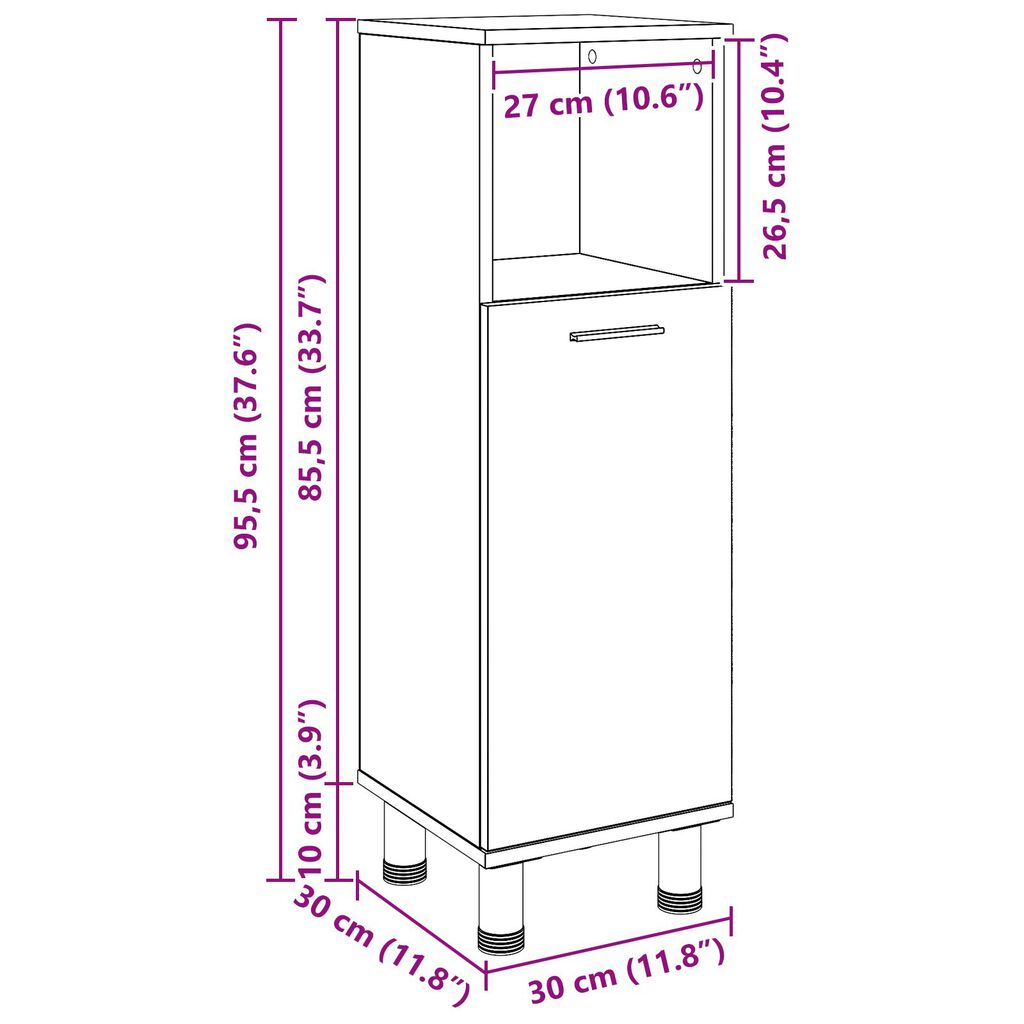 vidaXL Μαύρο Ντουλάπι Μπάνιου από Δρυ 30x30x95 εκ. από Επεξεργασμένο Ξύλο
