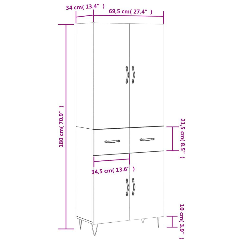 vidaXL Ντουλάπι Μαύρο 69,5x34x180 εκ. από Επεξεργασμένο Ξύλο