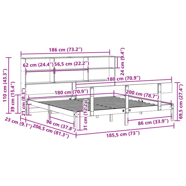 vidaXL Κρεβάτι Βιβλιοθήκη Χωρίς Στρώμα 180x200 εκ Μασίφ Ξύλο Πεύκου