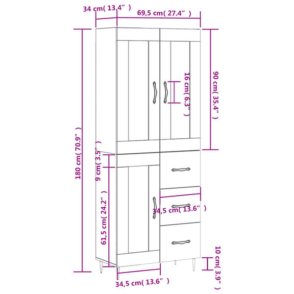 vidaXL Ντουλάπι Γκρι Sonoma 69,5 x 34 x 180 εκ. Επεξεργασμένο Ξύλο