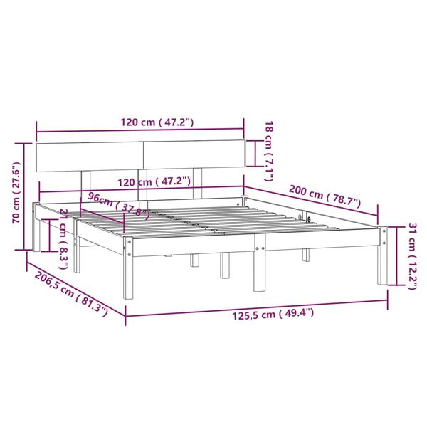 vidaXL Σκελετός Κρεβατιού Χωρίς Στρώμα 120x200 εκ Μασίφ Ξύλο