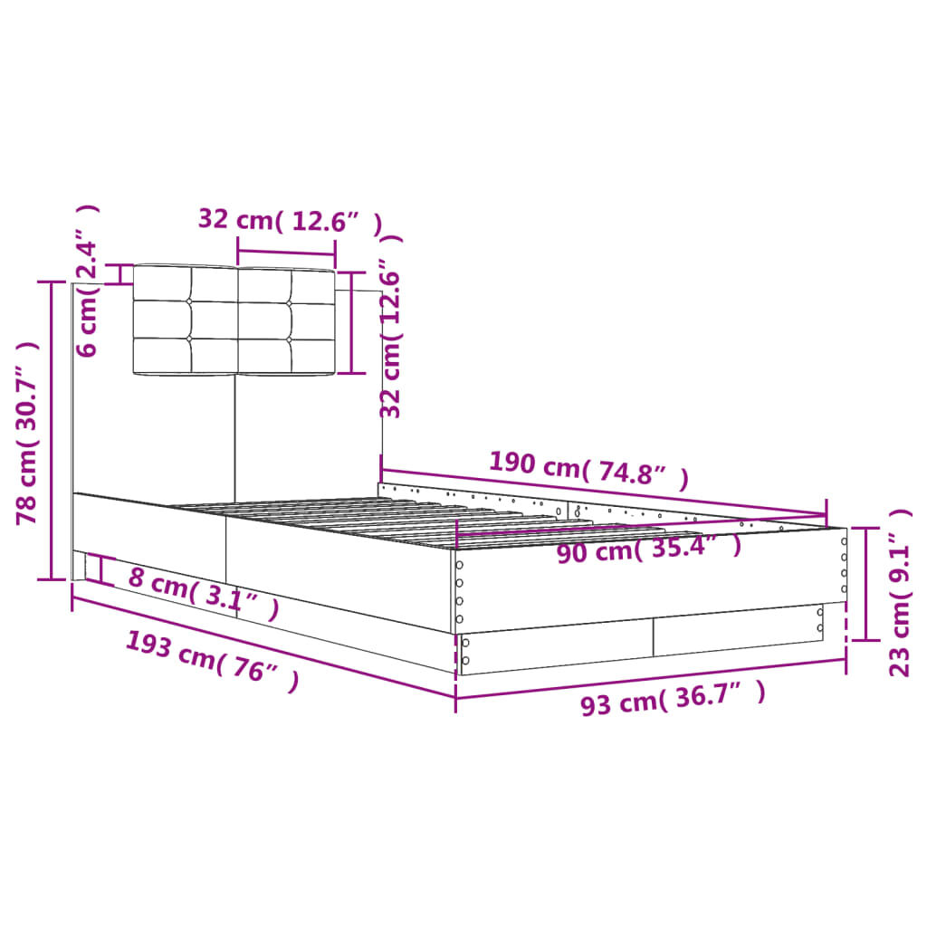 vidaXL Πλαίσιο Κρεβατιού με Κεφαλάρι/LED Sonoma δρυς 90x190 εκ.