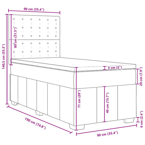 vidaXL Κρεβάτι Boxspring με Στρώμα Μαύρο 90x190 εκ.Υφασμάτινο