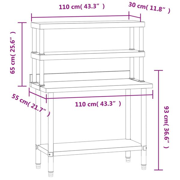 vidaXL Πάγκος Εργασίας Κουζίνας με Ράφι 110x55x150 εκ. Ανοξείδ. Ατσάλι