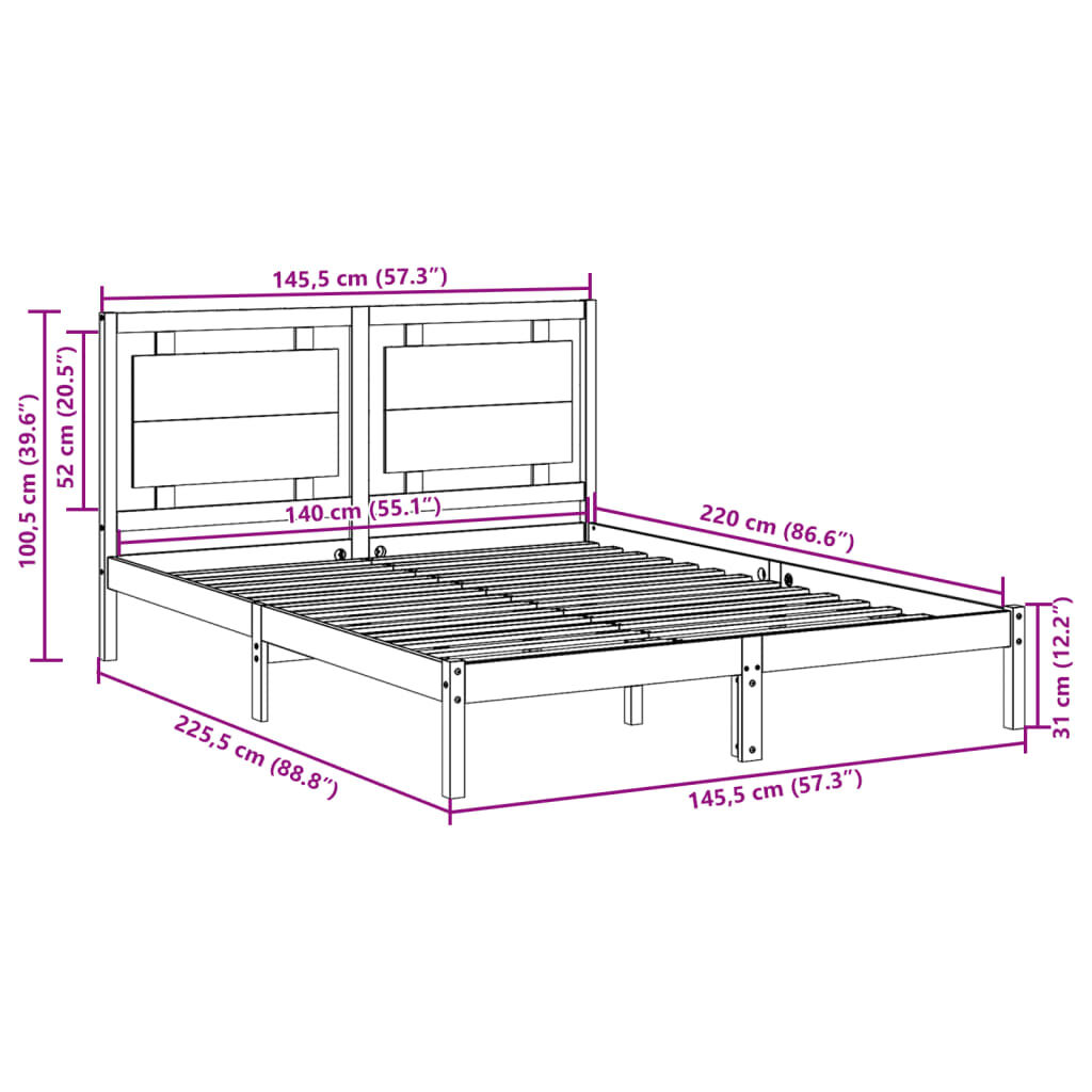 vidaXL Πλαίσιο Κρεβατιού Μακρύ Χωρίς Στρώμα 140x220 εκ Μασίφ Ξύλο