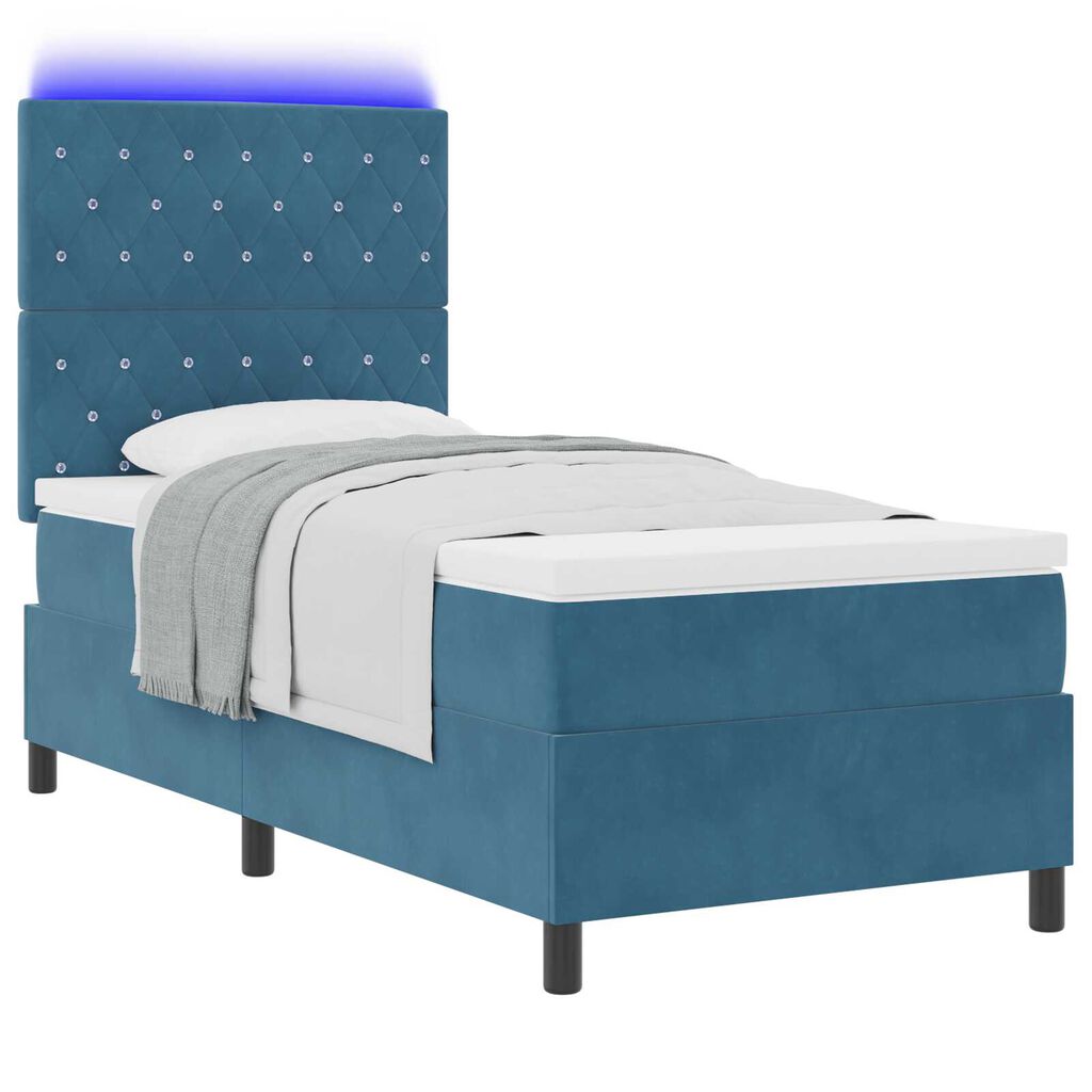 vidaXL κρεβάτι τύπου box spring με στρώμα και LED σκούρο μπλε 90x190 εκατοστά βελούδο