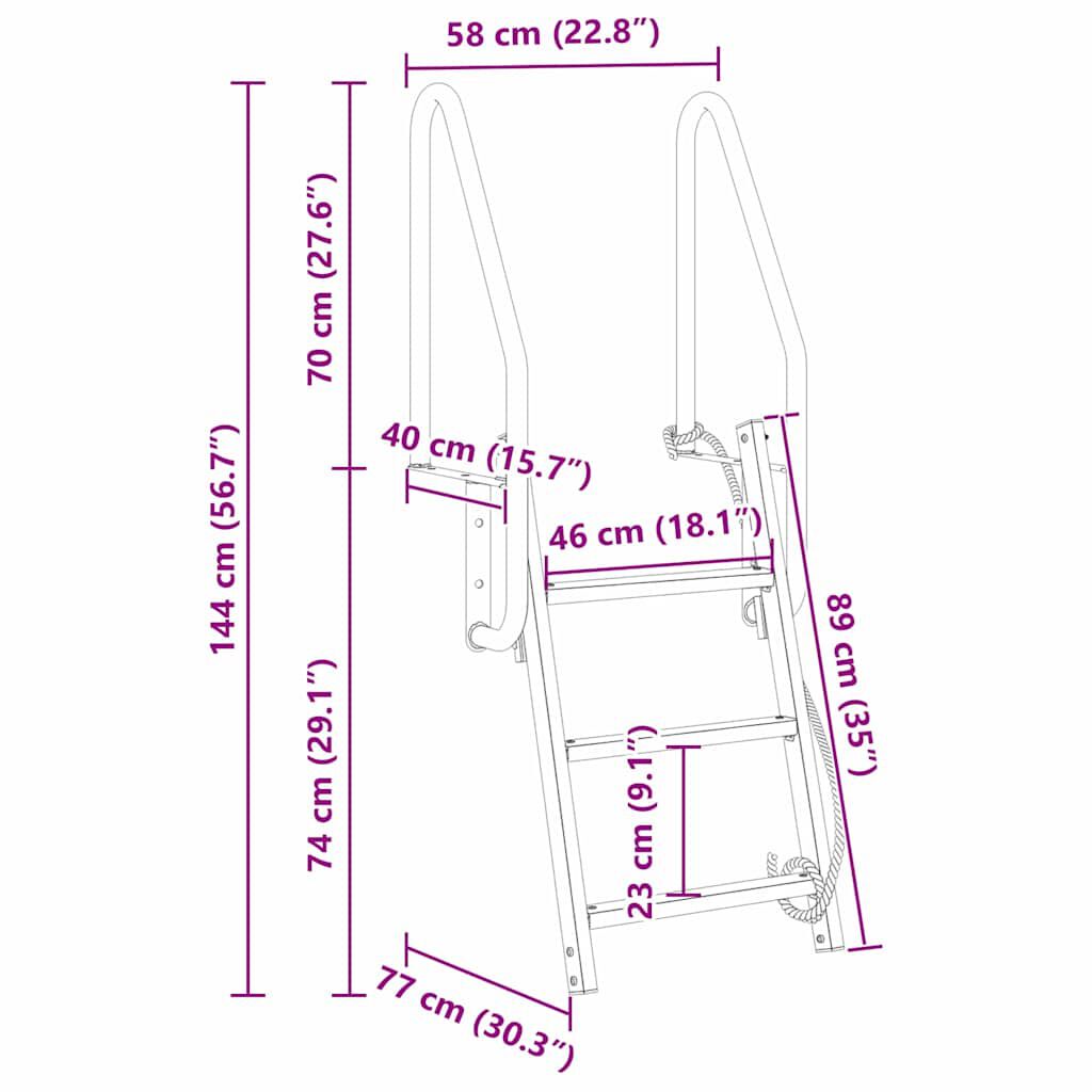 vidaXL Σκάλα Dock 3 Σκαλοπατιών Ασημί 58 x 77 x 144 εκ Αλουμίνιο