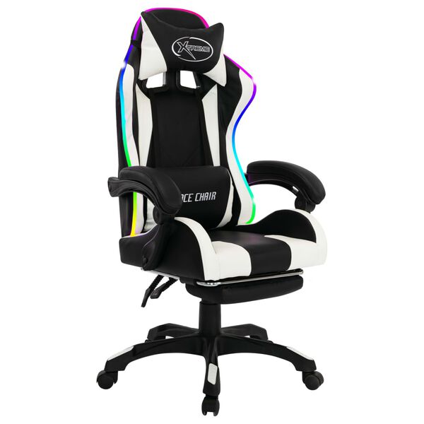 vidaXL Καρέκλα Racing με Φωτισμό RGB LED Ασπρόμαυρη Συνθετικό Δέρμα