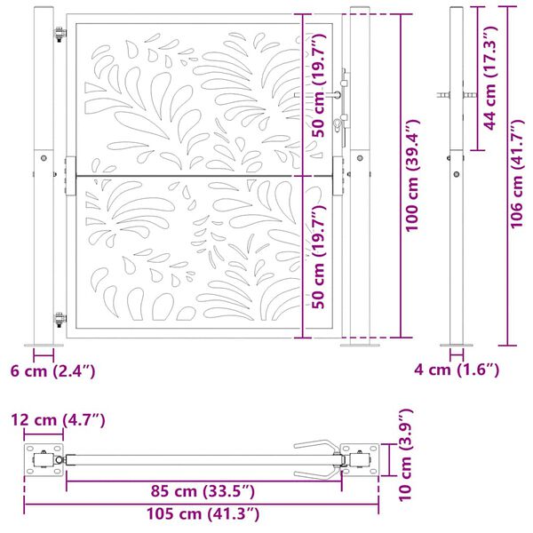 vidaXL Πύλη κήπου Μαύρη 105x106 cm Ατσάλινο σχέδιο κύματος