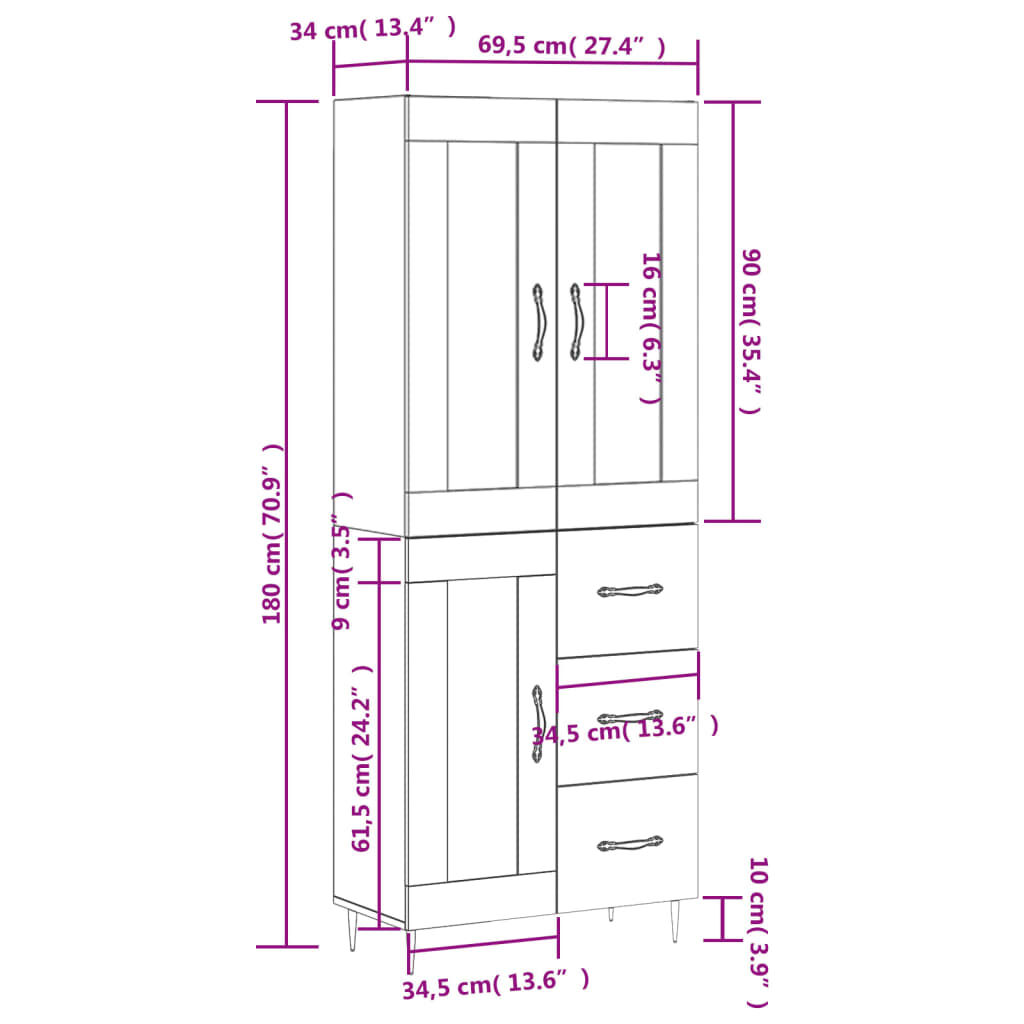 vidaXL Ντουλάπι Sonoma δρυς 69,5 x 34 x 180 εκ. από Επεξεργασμένο Ξύλο