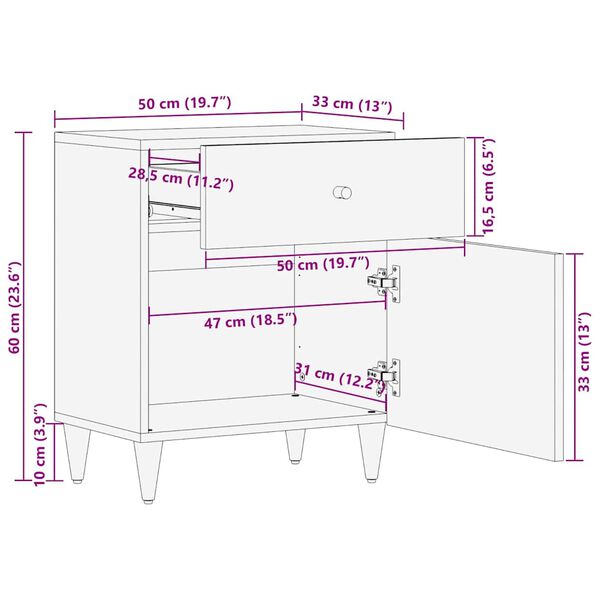 vidaXL Κομοδίνο 50 x 33 x 60 εκ. από Μασίφ Ξύλο Μάνγκο