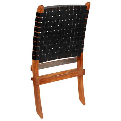 vidaXL Καρέκλα Πτυσσόμενη με Χιαστί Λωρίδες Μαύρη από Γνήσιο Δέρμα