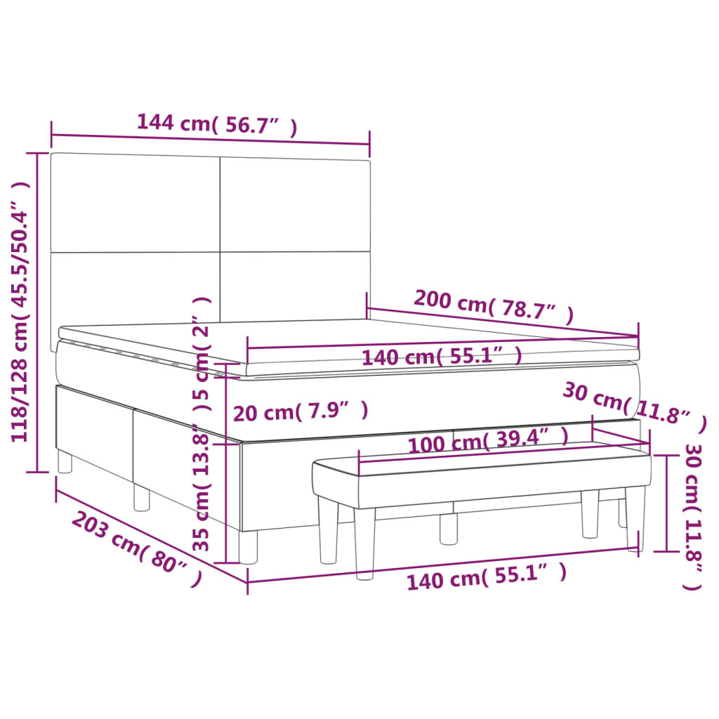 vidaXL Κρεβάτι Boxspring με Στρώμα Μαύρο 140x200 εκ. Υφασμάτινο