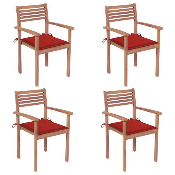 vidaXL Καρέκλες Κήπου 4 τεμ. από Μασίφ Ξύλο Teak με Κόκκινα Μαξιλάρια