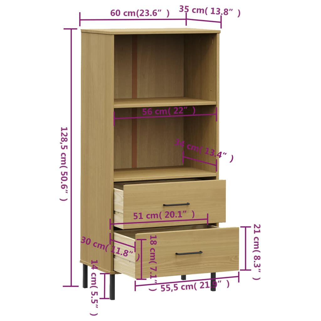 vidaXL Βιβλιοθήκη OSLO με 2 Συρτάρια Καφέ 60x35x128,5 εκ. Μασίφ Ξύλο