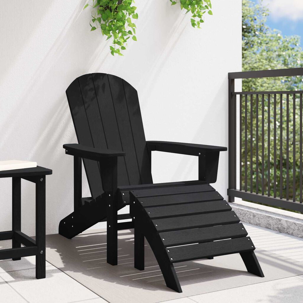 vidaXL Καρέκλα Adirondack με Υποπόδιο Μαύρη HDPE