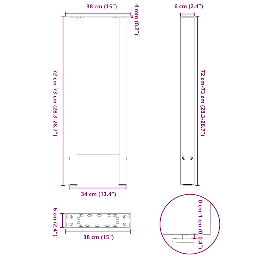 vidaXL Πόδια Κονσόλας 2 τεμ. από Φυσικό Ατσάλι 38x(72-73) εκ. Ατσάλι