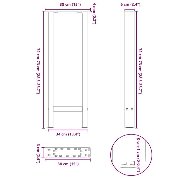 vidaXL Πόδια Κονσόλας 2 τεμ. από Φυσικό Ατσάλι 38x(72-73) εκ. Ατσάλι
