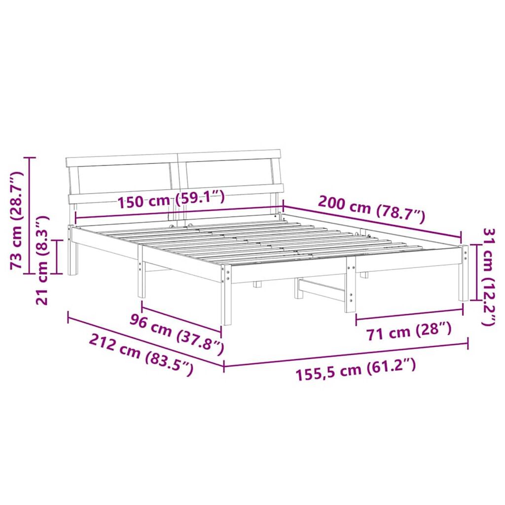 vidaXL Σκελετός Κρεβατιού Λευκό 150 x 200 cm Μασίφ ξύλο πεύκου