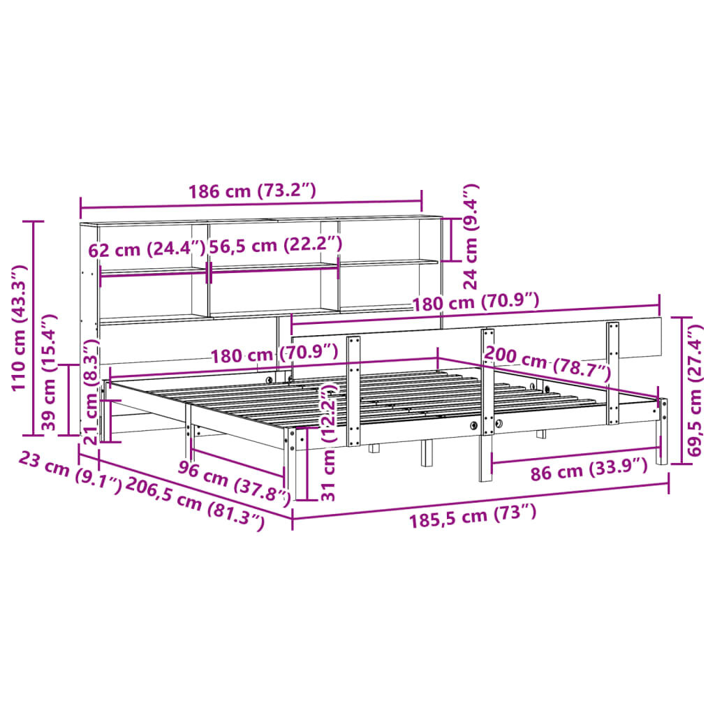 vidaXL Κρεβάτι Βιβλιοθήκη Χωρίς Στρώμα 180x200 εκ Μασίφ Ξύλο Πεύκου