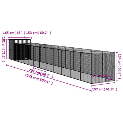 vidaXL Σπιτάκι Σκύλου με Αυλή Ανθρακί 165x1271x181 εκ. Γαλβαν. Χάλυβας