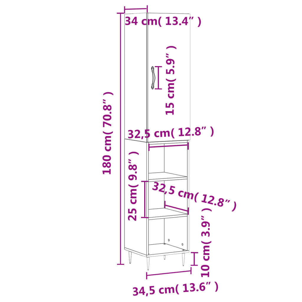 vidaXL Ντουλάπι Μαύρο 34,5 x 34 x 180 εκ. από Επεξεργασμένο Ξύλο
