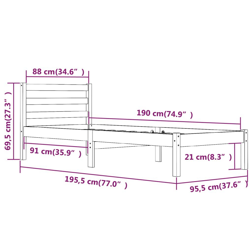 vidaXL Πλαίσιο Κρεβατιού Μονό 90 x 190 εκ. Μασίφ Ξύλο Πεύκου