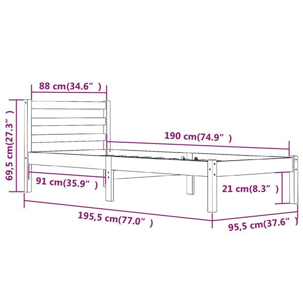 vidaXL Πλαίσιο Κρεβατιού Μονό 90 x 190 εκ. Μασίφ Ξύλο Πεύκου